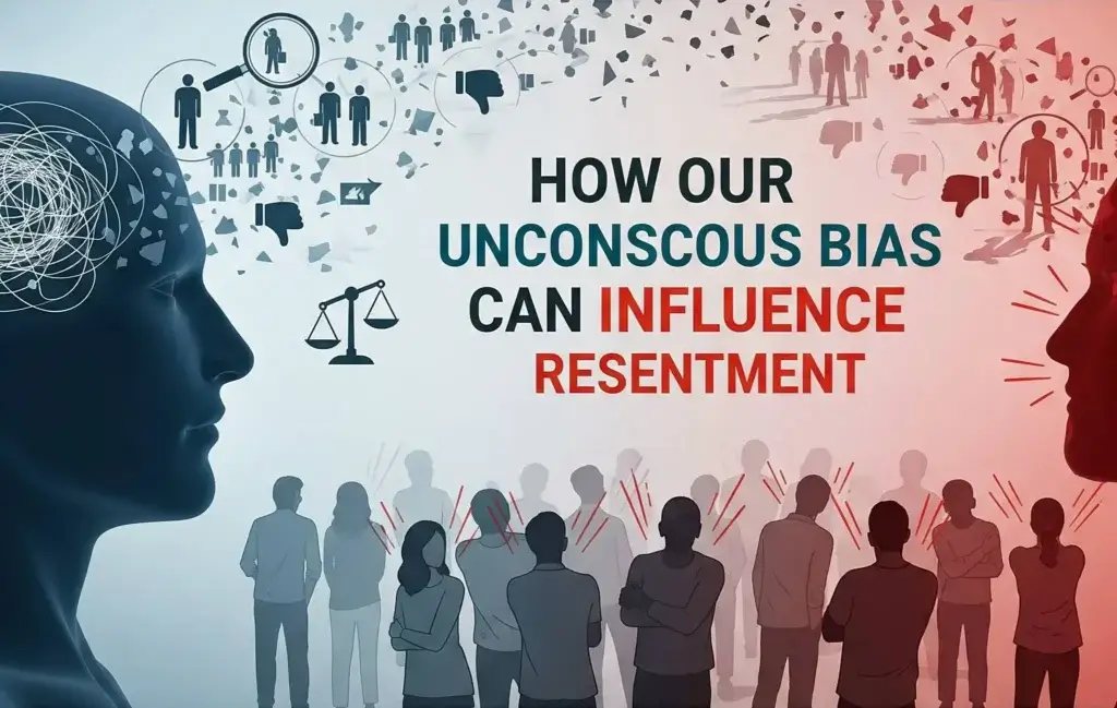 Diagram showing how unconscious bias influences emotions and behaviors, leading to resentment in relationships.